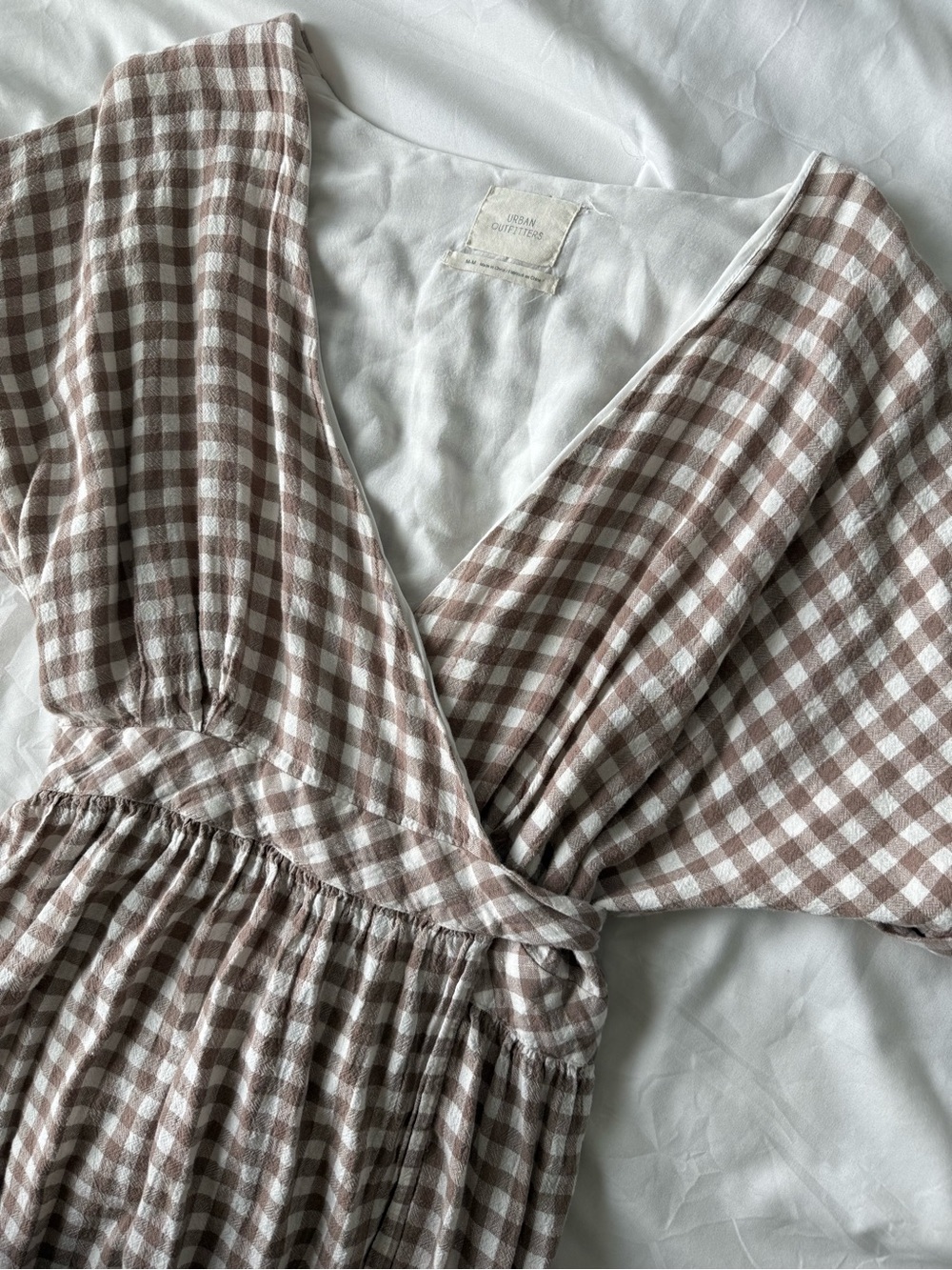Urban Outfitters Gabrielle Linen Wrap Midi Dress Medium Tan Gingham - Picture 9 of 10